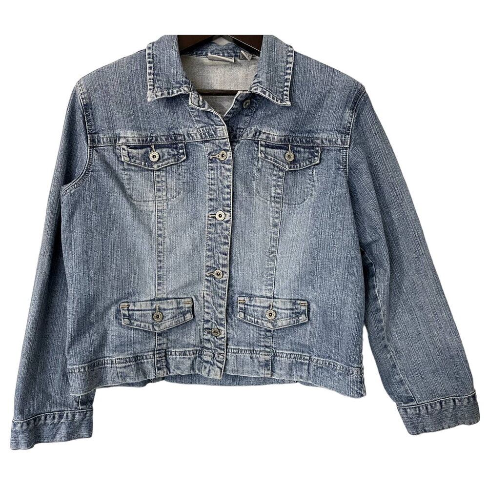 Chico's Platinum Light Blue Denim Button Front Jacket‎ Size Large